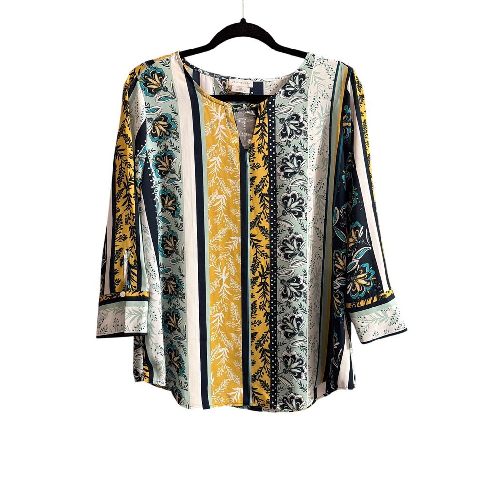 Van Heusen Women's Blue White Yellow Floral Paisley Blouse Size Medium MD New